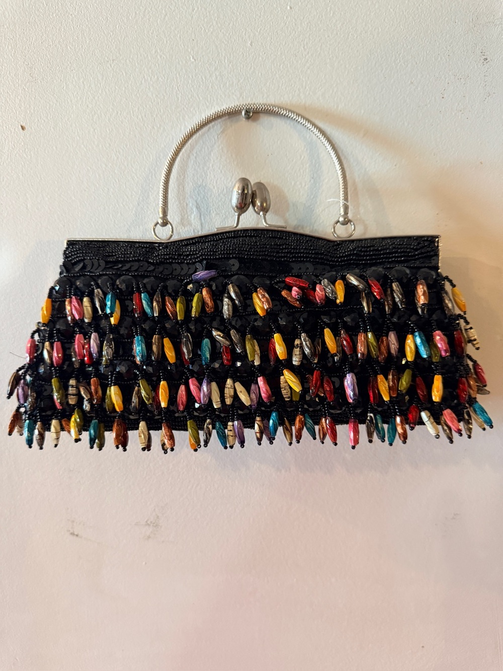 Black Beaded Multicolor Fringe Evening Bag Clutch